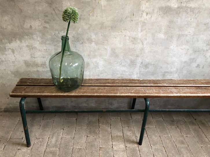 Stoere industriele vintage lange bank | tafel hout en staal, Huis en Inrichting, Tafels | Bijzettafels, Gebruikt, Rechthoekig