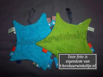 OPRUIMING! Tutdoek ster Blauw/Groen met speenlus met naam beschikbaar voor biedingen