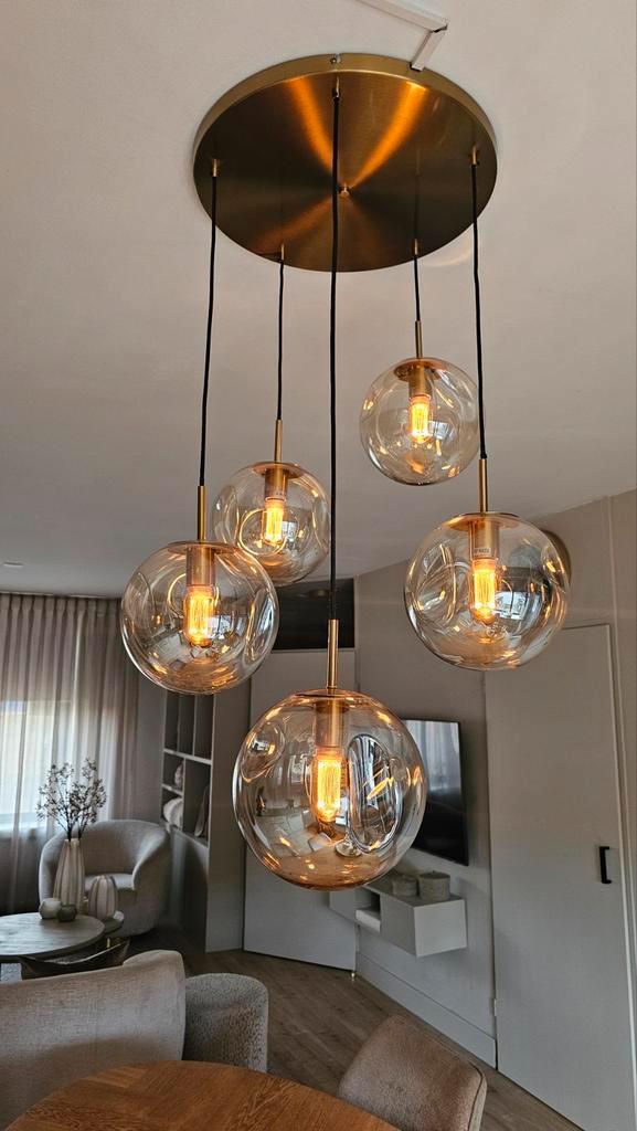 ZGAN! Hanglamp BO Coco Maison amber goud 5 bollen, Huis en Inrichting, Lampen | Hanglampen, Zo goed als nieuw, 75 cm of meer, Glas