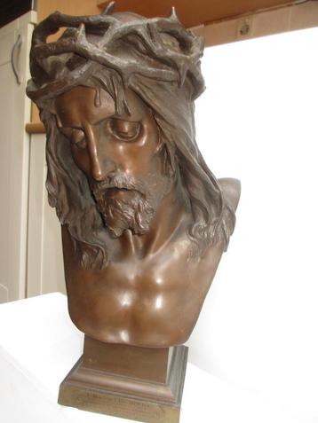 Zeer grote Antieke bronzen Jezus buste E Marioton 49cm hoog beschikbaar voor biedingen