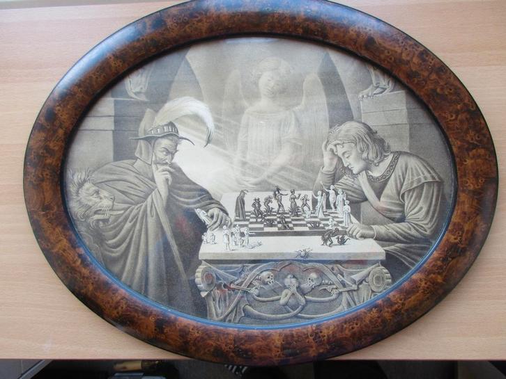 De Schaker en de Duivel. Ovalen ingelijste tekening. Schaken, Antiek en Kunst, Kunst | Litho's en Zeefdrukken, Ophalen of Verzenden