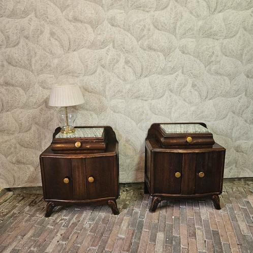 Mooie art deco nachtkastjes met marmerblad, Huis en Inrichting, Slaapkamer | Nachtkastjes, Zo goed als nieuw, Hout, Ophalen
