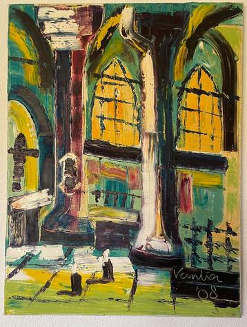 Origineel olieverfschilderij Jacob Kanbier kerk interieur beschikbaar voor biedingen