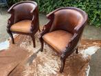 2 x schapen leren fauteuils houten zwanenhals koppen, Huis en Inrichting, Fauteuils, Ophalen, Gebruikt, Minder dan 75 cm, Schapen leer