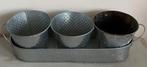 Tray met 3 bloempotjes zink, Gebruikt, Rond, Ophalen of Verzenden, Metaal