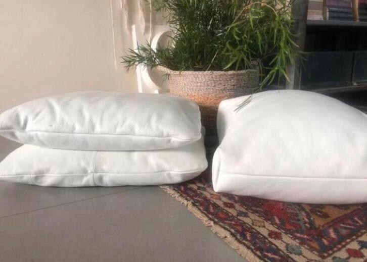 Prachtige set (3) XL dik leren KUSSENS maatwerk!, Huis en Inrichting, Woonaccessoires | Kussens, Gebruikt, Beige, Ophalen