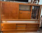 Vintage teak wandmeubel met vitrine en bar, Ophalen, Gebruikt, ., 150 tot 200 cm