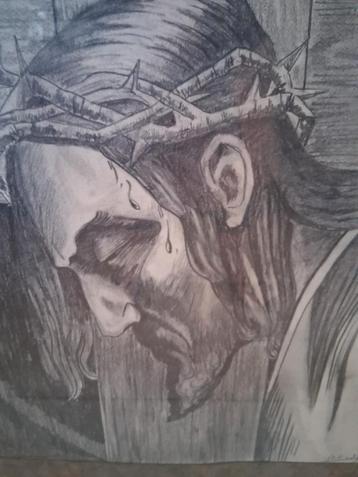 Ets Jezus Christus (doornkrans)in prachtige grote lijst beschikbaar voor biedingen