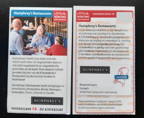 Humphrey's Restaurants €7,50/€4,- korting p.p., Tickets en Kaartjes, Concerten | Nederlandstalig, Drie personen of meer, Juli
