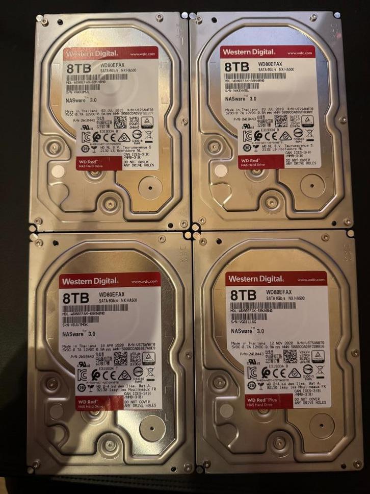4x WD Red 8TB [WD80EFAX] - geschikt voor NAS/server, Computers en Software, Harde schijven, Gebruikt, Server, Intern, HDD, SATA