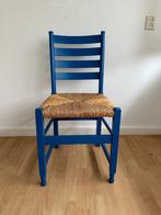 Houten eetkamer of bureaustoel blauw met rotan zitvlak, Blauw, Gebruikt, Eén, Hout