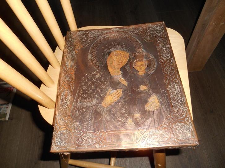 prachtig antiek icoon koperbeslag Maria en kind Russisch, Antiek en Kunst, Antiek | Religie, Ophalen of Verzenden