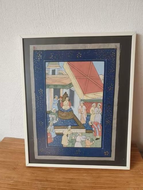 Perzische hof scène handgemaakt schilderij op zijde Iran, Antiek en Kunst, Kunst | Etsen en Gravures, Ophalen