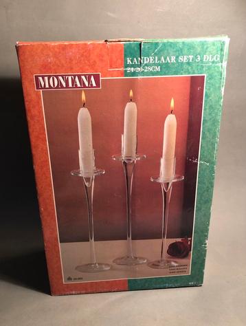 Drie glazen  kaarskandelaars, nieuw in doos, vintage beschikbaar voor biedingen