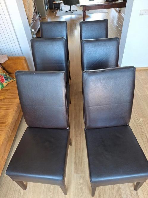 6 stevige donkerbruine leren eetkamerstoelen, Huis en Inrichting, Stoelen, Gebruikt, Vijf, Zes of meer stoelen, Leer, Bruin, Ophalen