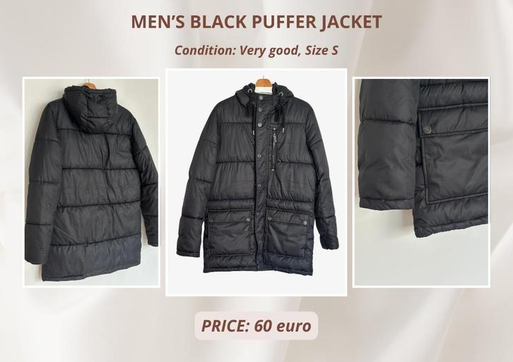 Brand MO - Men’s Black Puffer Jacket – Size S, Kleding | Heren, Jassen | Winter, Zo goed als nieuw, Zwart, Ophalen of Verzenden