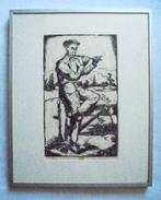 Louis Schrikkel.1902-1995.Man op hek.Houtdruk 1937, Antiek en Kunst, Kunst | Schilderijen | Klassiek, Ophalen of Verzenden