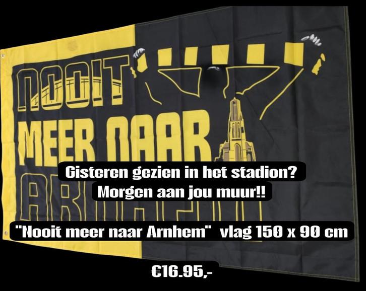 “Nooit Meer Naar Arnhem” vlag, Verzamelen, Sportartikelen en Voetbal, Nieuw, Overige typen, Vitesse, Verzenden