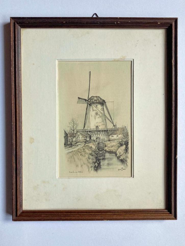 De molen van Oskam, door Anton Pieck in lijst 26,5 x 21,7 cm, Antiek en Kunst, Kunst | Tekeningen en Foto's, Ophalen of Verzenden