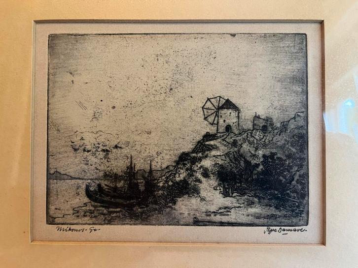 Ets Mikonos - Gesigneerd Poppe Damave, Antiek en Kunst, Kunst | Etsen en Gravures, Ophalen of Verzenden