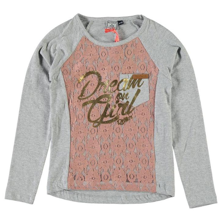 RETOUR longsleeve shirt grijs met kant maat 176 16, Kinderen en Baby's, Kinderkleding | Maat 176, Zo goed als nieuw, Meisje, Shirt of Longsleeve