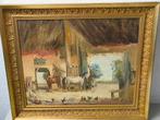 Oud olieverf stalinterieur paarden,kippen,geit, Ophalen of Verzenden