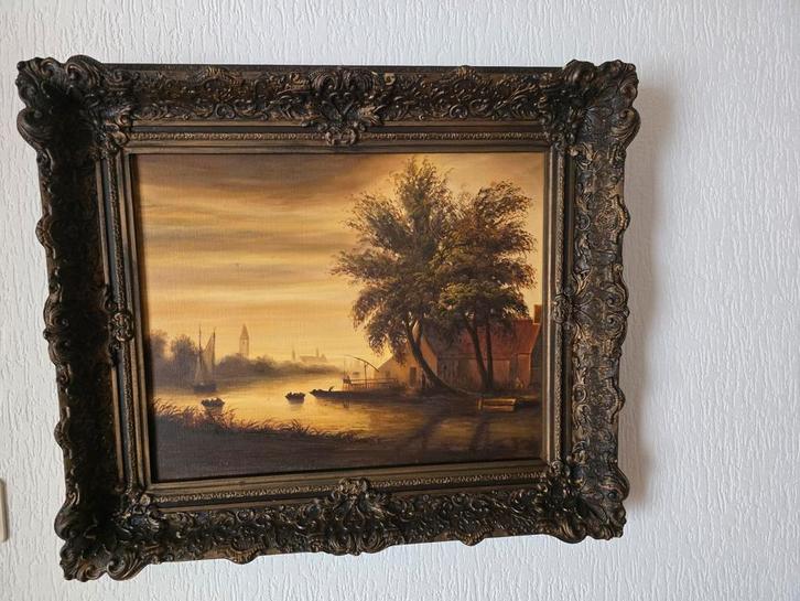 Schilderij met rivierlandschap, Antiek en Kunst, Kunst | Schilderijen | Klassiek, Ophalen