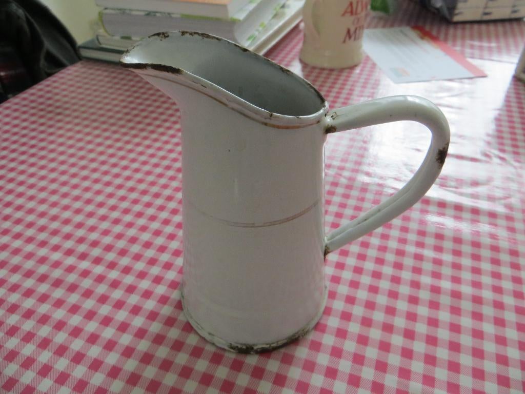 Emaille kannetje/wit/vintage/brocante/vaas/bloemen/, Antiek en Kunst, Ophalen of Verzenden