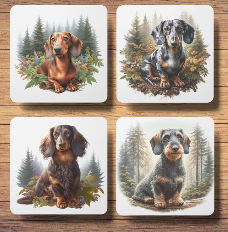 Teckel Bos onderzetters met houder, Huis en Inrichting, Woonaccessoires | Onderzetters, Nieuw, Glas of Kopje, Ophalen of Verzenden