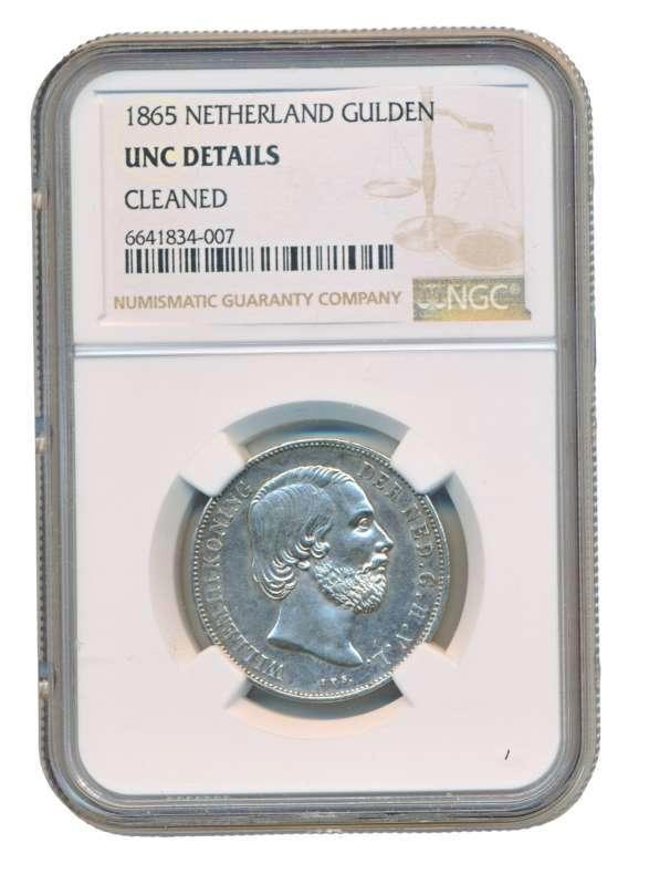 Nederland 1 Gulden 1865 Willem 3 NGC, Postzegels en Munten, Munten | Nederland, Losse munt, 1 gulden, Koning Willem III, Zilver