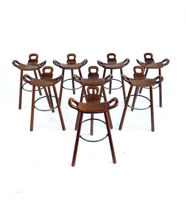 Set van 8x ‘Spanish stool’, Conoform ‘60, Huis en Inrichting, Barkrukken, Zo goed als nieuw, 60 tot 90 cm, Hout, Metaal, 5 krukken of meer