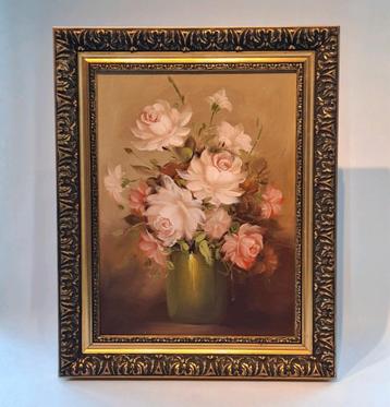 Vintage Olieverfschilderij met Rozen beschikbaar voor biedingen