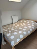Houten bedframe - twijfelaar 1.40 met matras, Ophalen, Bruin, 140 cm, Zo goed als nieuw