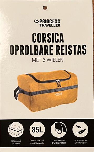 Nieuwe, gele oprolbare reistas (85 liter) met wieltjes beschikbaar voor biedingen