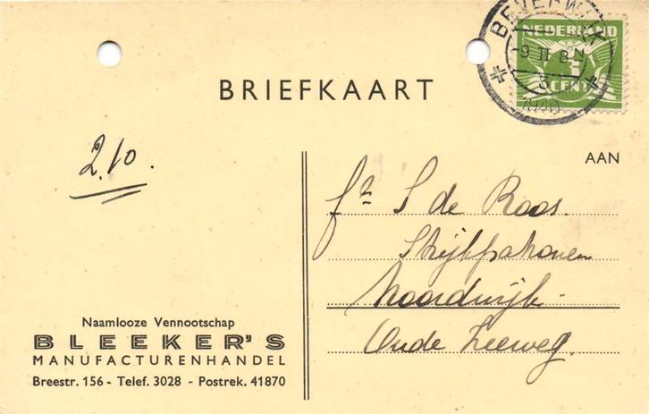 NV Bleeker s Manufacturenhandel - 02.1940 - briefkaart, Postzegels en Munten, Brieven en Enveloppen | Nederland, Briefkaart, Ophalen of Verzenden