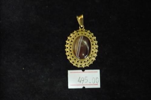 14 karaat 585 gouden kettinghanger met gevlamde steen 5.2 gr, Sieraden, Tassen en Uiterlijk, Kettinghangers, Zo goed als nieuw