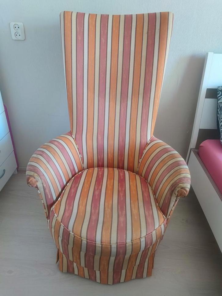 Gestreeepte fauteuil, Huis en Inrichting, Fauteuils, Gebruikt, Stof, 50 tot 75 cm, Minder dan 75 cm, Ophalen
