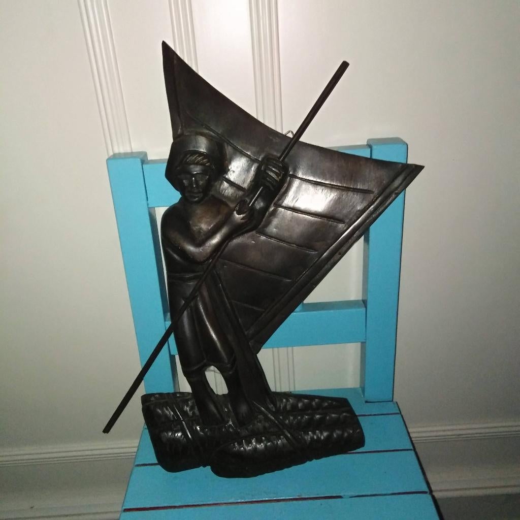 Vintage Wood Hand Carved Nautical Man on Sailboat, Ophalen, Gebruikt