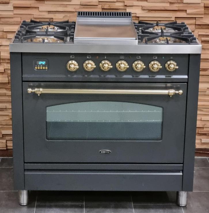 Luxe Fornuis Boretti 90cm antraciet + messing Frytop, Witgoed en Apparatuur, Fornuizen, Zo goed als nieuw, Vrijstaand, Gas, 5 kookzones of meer