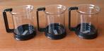 3 Vintage Bodum glazen met zwart kunststof houders, Huis en Inrichting, Keuken | Servies, Glas of Glazen, Gebruikt, Ophalen of Verzenden