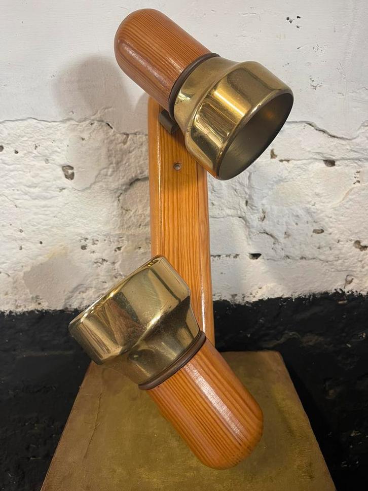 Vrieland design vibtage eighties lamp grenen messing spots, Huis en Inrichting, Lampen | Wandlampen, Gebruikt, Hout, Overige materialen