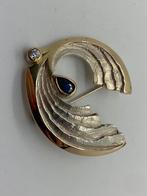 T898 Prachtige zilveren bicolor broche met saffier, Sieraden, Tassen en Uiterlijk, Broches, 4 tot 7 cm, Ophalen of Verzenden, X