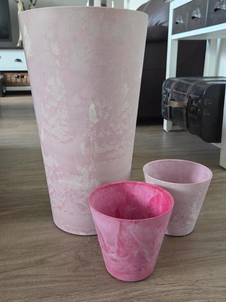 Set bloempotten, 3 stuks, roze gemarmerd kunststof, Tuin en Terras, Bloembakken en Plantenbakken, Kunststof, Balkon, Tuin, 30 tot 60 cm