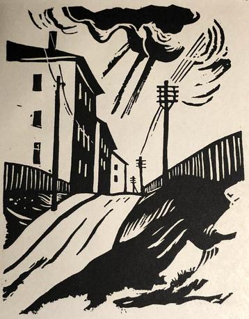 Ulrich Hallerstede (1899-1978) Houtsnede 'Stoommasten in voo beschikbaar voor biedingen