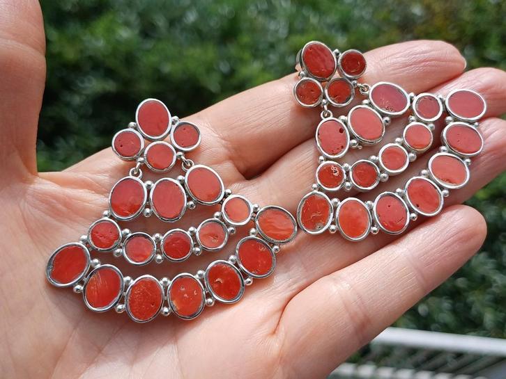 Vanoli handgemaakte 925 zilveren oorbellen met bloedkoraal, Sieraden, Tassen en Uiterlijk, Oorbellen, Nieuw, Hangers, Zilver, Rood