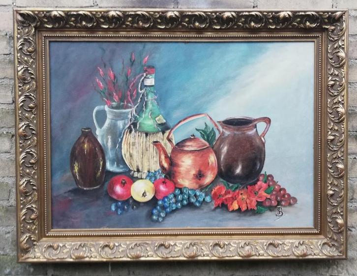 Stilleven. Gemonogrammeerd. Olie/doek. 84/64 cm., Huis en Inrichting, Woonaccessoires | Schilderijen, Tekeningen en Foto's, Zo goed als nieuw