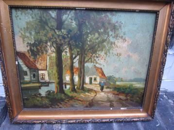 Mooi Olieverf, Boerderij tafereelte in mooi oud lijstje beschikbaar voor biedingen