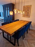 Tafel Vulcano met 6x blauwe stoel, Ophalen, 100 tot 150 cm, Teakhout, 200 cm of meer