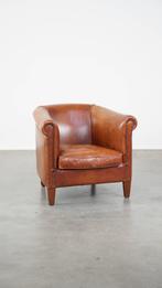 Comfortabele cognac-kleurige rundleren clubfauteuil, Huis en Inrichting, Fauteuils, Ophalen, Gebruikt, Klassiek, 75 tot 100 cm