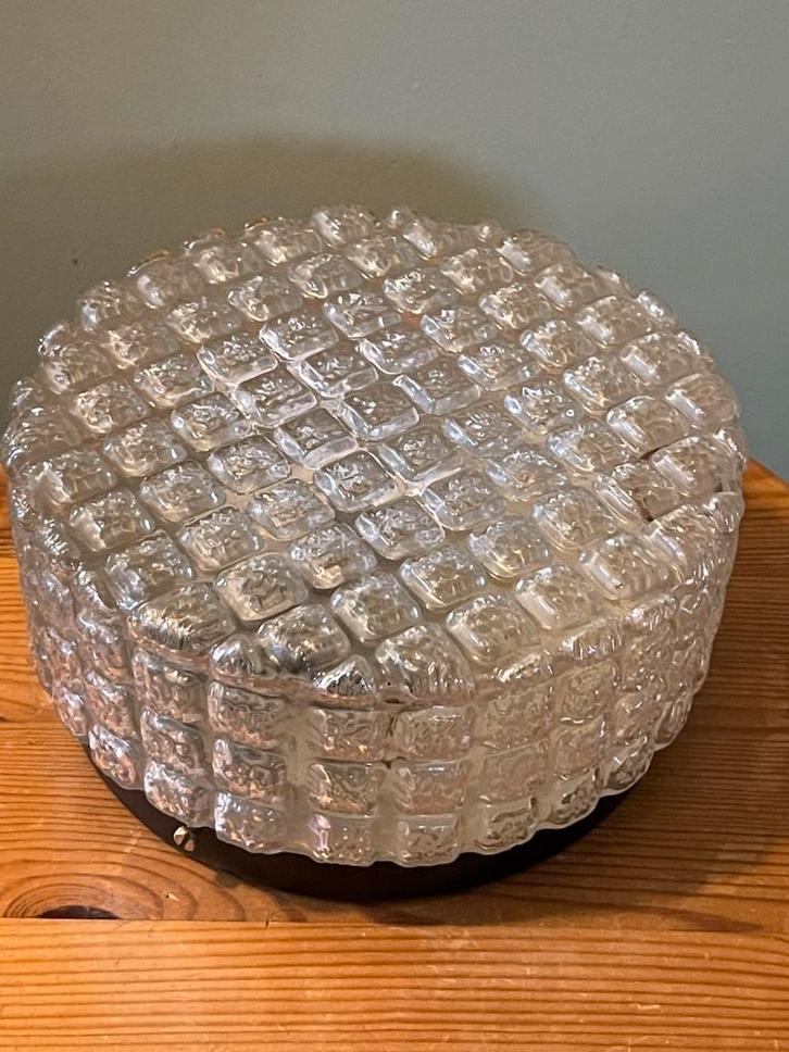 Vintage mid century plafondlamp geperst glas ruitpatroon, Huis en Inrichting, Lampen | Plafondlampen, Gebruikt, Glas, Metaal, Ophalen of Verzenden